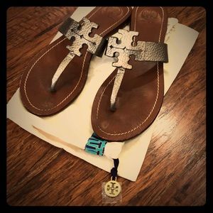 Tory Burch Leather Moore Sandals Pewter